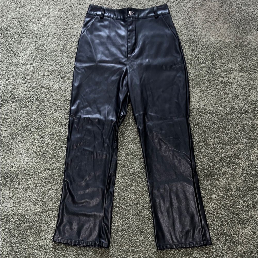 Black Faux Leather Pants - Medium High Waisted Front Pockets 27” Inseam